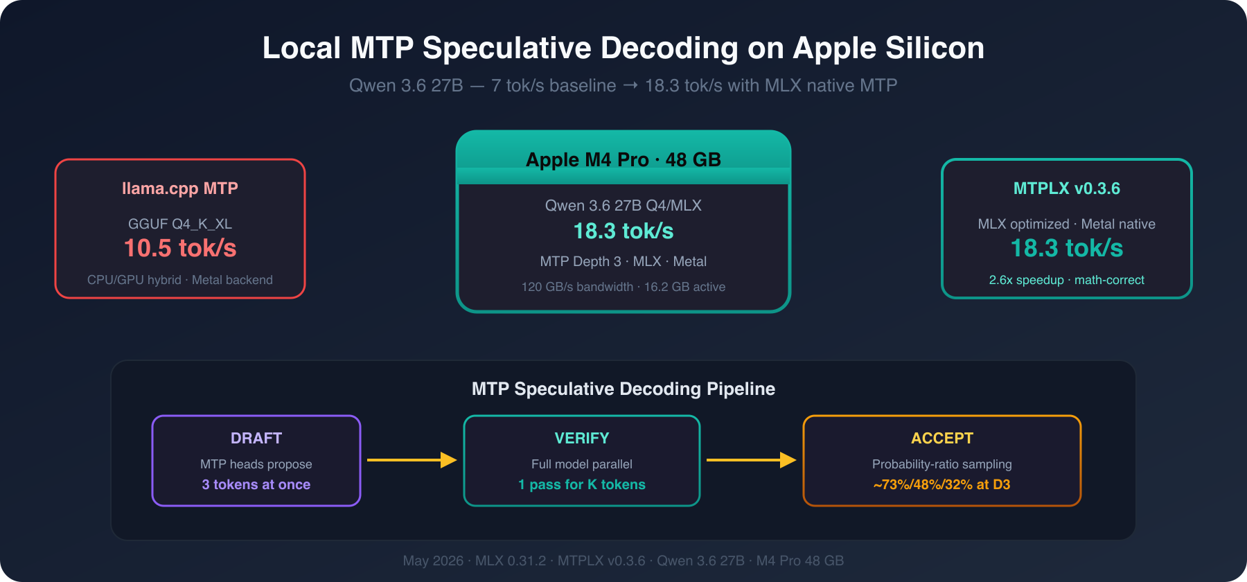 MTP speculative decoding pipeline on Apple Silicon: draft, verify, accept phases with MTPLX