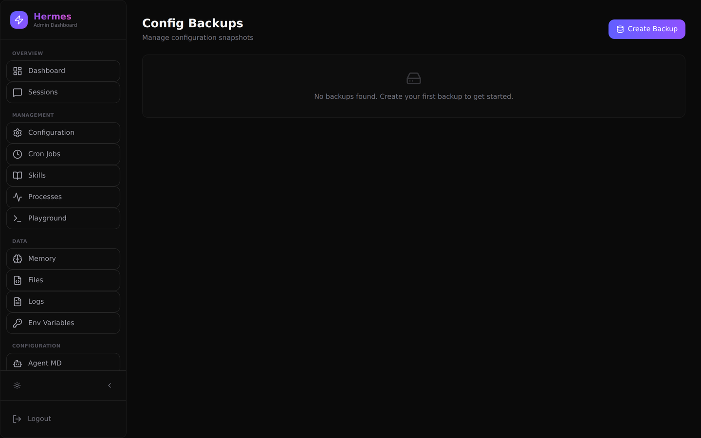 Config Backups page showing backup history