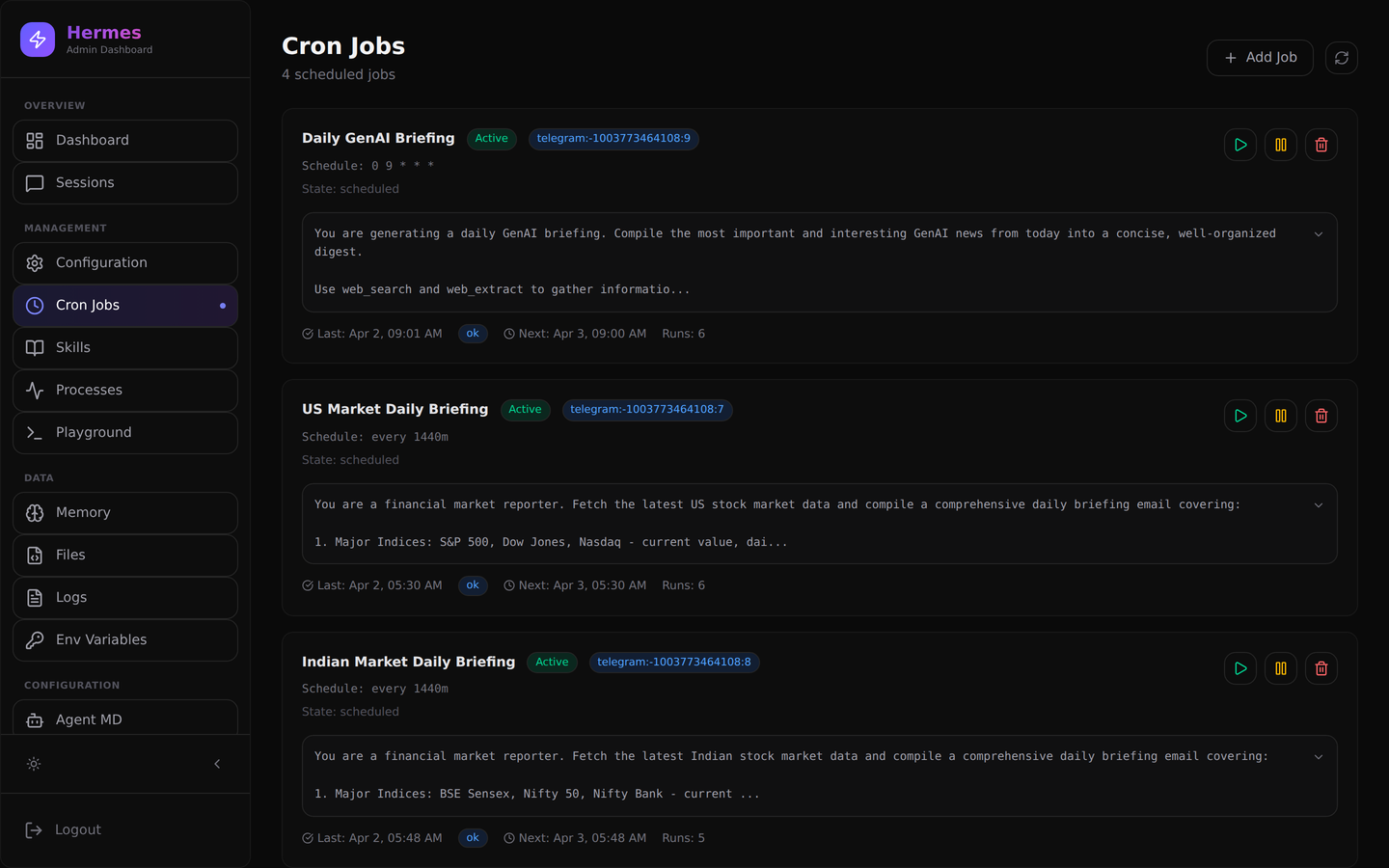 Cron Jobs manager showing active scheduled tasks