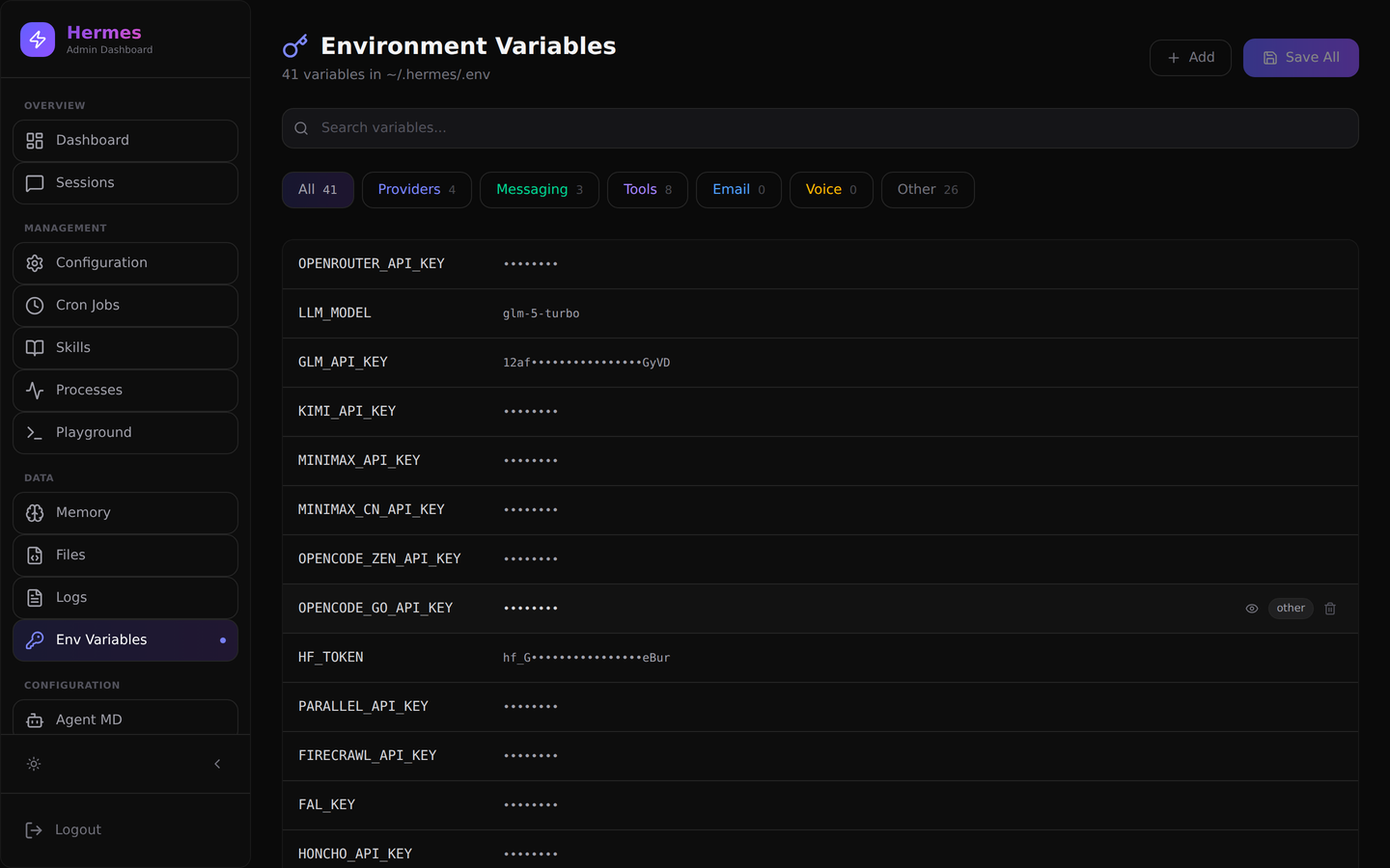 Environment Variables page showing masked API keys