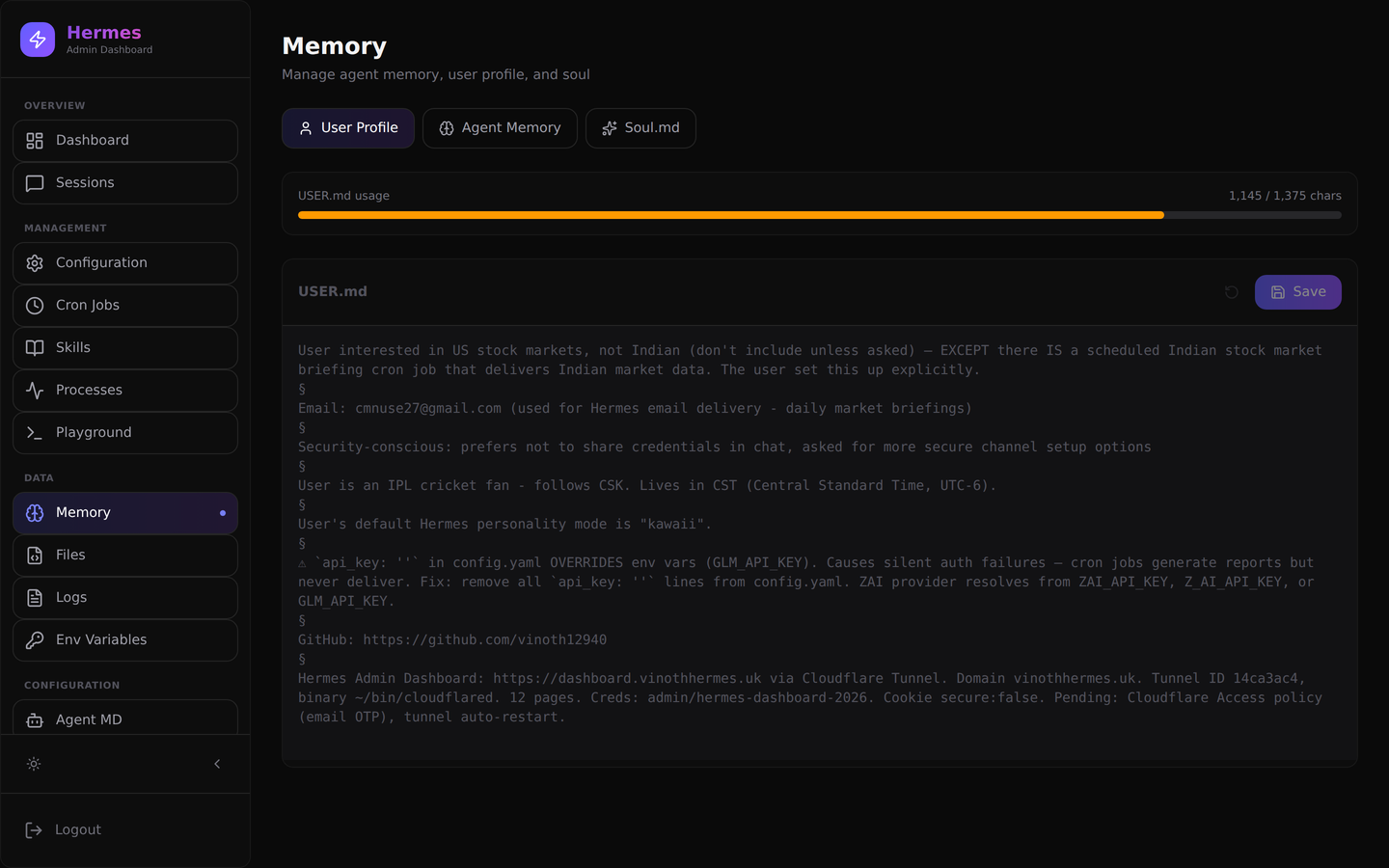 Memory viewer showing user profile, agent memory, and soul data