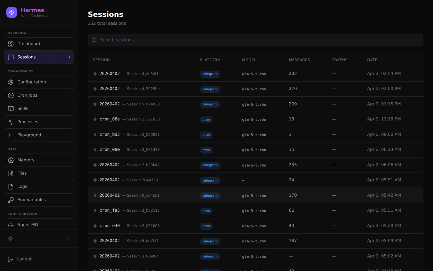 Session history page showing conversation list
