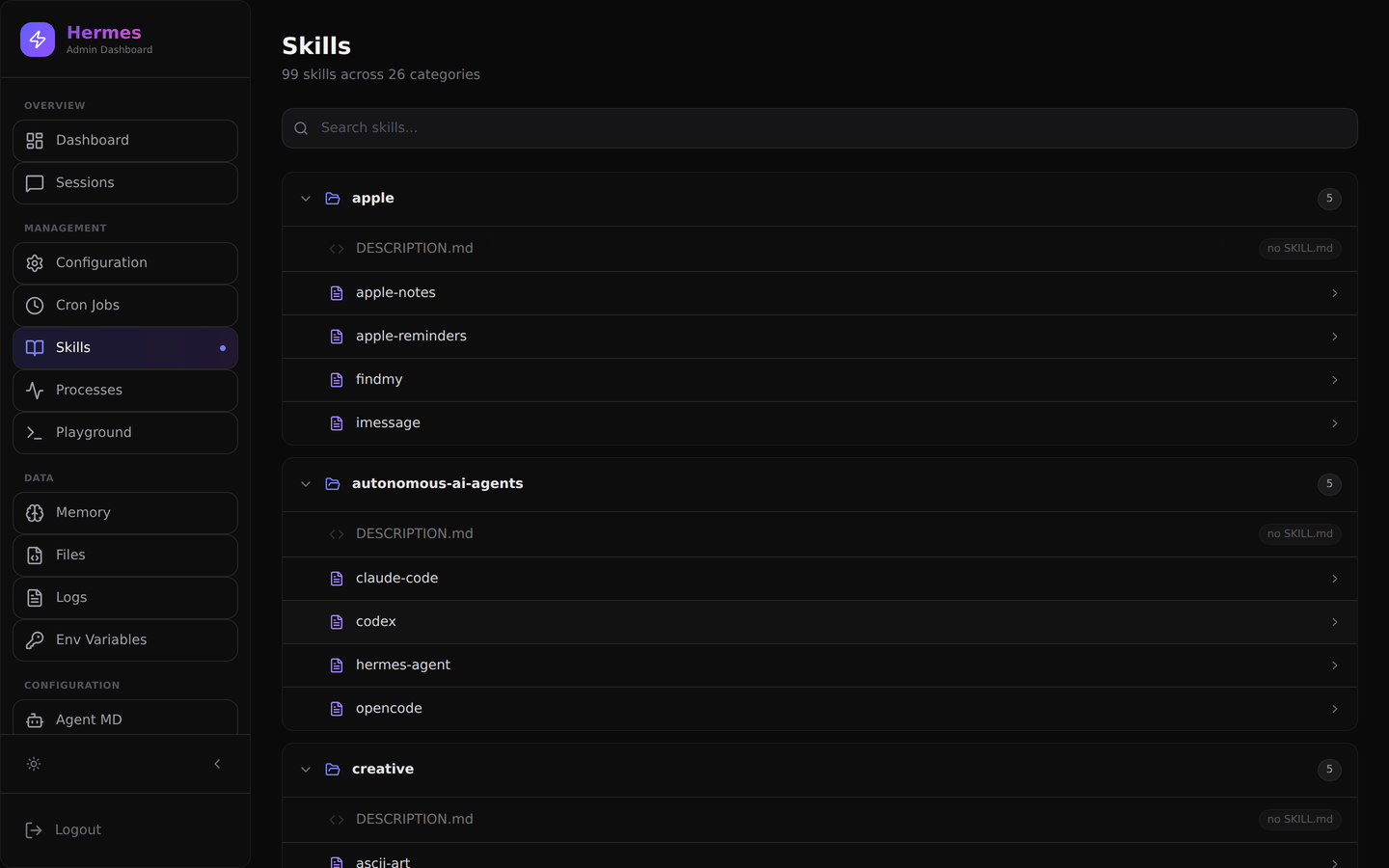 Skills browser showing all installed skills by category